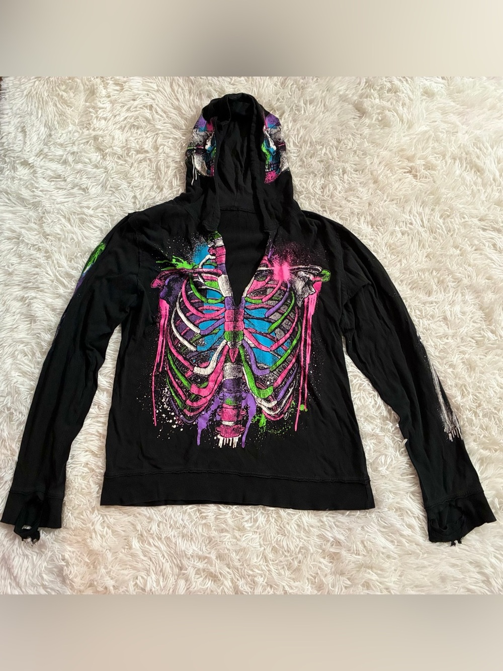 Vintage Y2K 2000s Scene Girl Emo Mall Goth Skeleton Rib Cage Colorful Hoodie M
